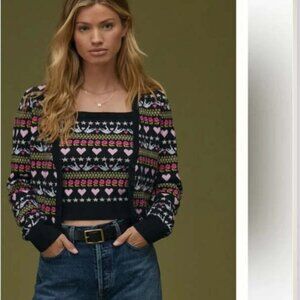 Anthropologie Maeve Hearts Dove Floral Cropped Novelty Cardigan Sweater L